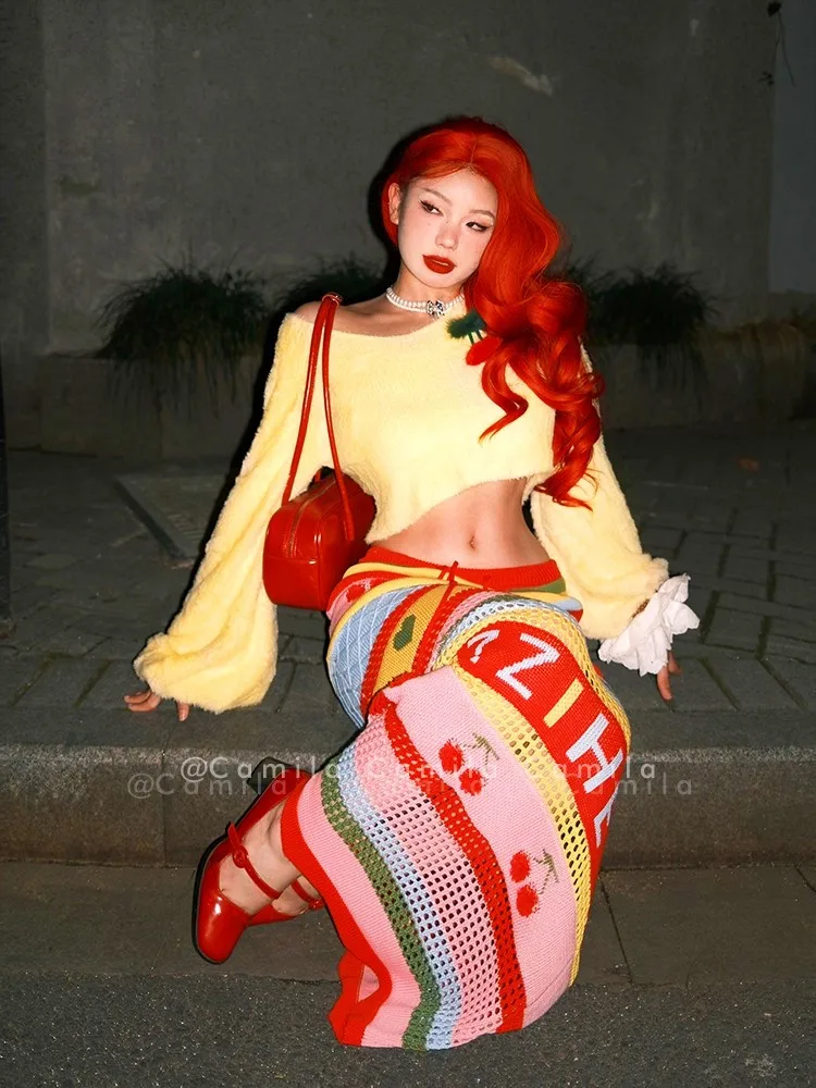 2PCS Women Knitted Loose Lantern Sleeve Slash Neck Tops And Long Rainbow Stripped Cherry Party Young Lady Skirt Suits Set NZ186