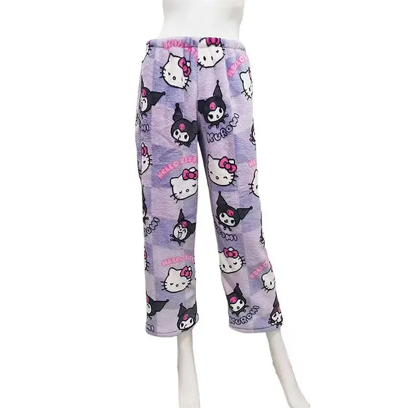 Sanrio Hello Kitty Pajamas Pants Women's WarmWoolen Cartoon Casual Home Pants in AutumnWinter Fashion Trousers Summer Shorts