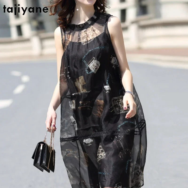 

Tajiyane 22 Summer New 100% Mulberry Silk Casual Dress for Women Elegant Midi Dress Loose Fashion Print Sleeveless Dress Vestido