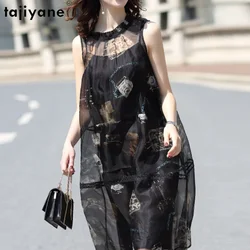 Tajiyane 22 Summer New 100% Mulberry Silk Casual Dress for Women Elegant Midi Dress Loose Fashion Print Sleeveless Dress Vestido