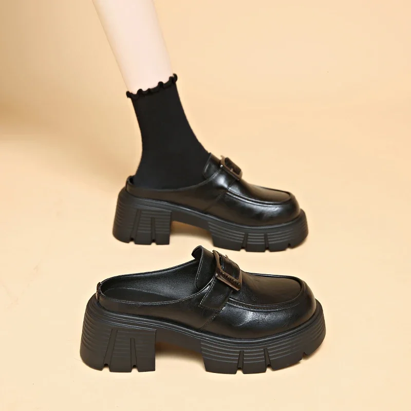 

Summer Leather Shoes Women Thick-soled Height-increasing Toe Shoes Woman Cover Half-slippers Mules Loafers Shoes for Women