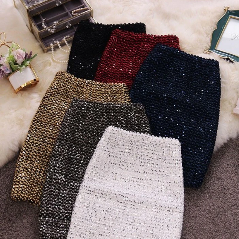 Sequined Party Mini Skirts Women Sexy High Waist Cute A-line Clubwear Autumn Y2k Clothes Retro Korean Fashion Style Faldas Mujer