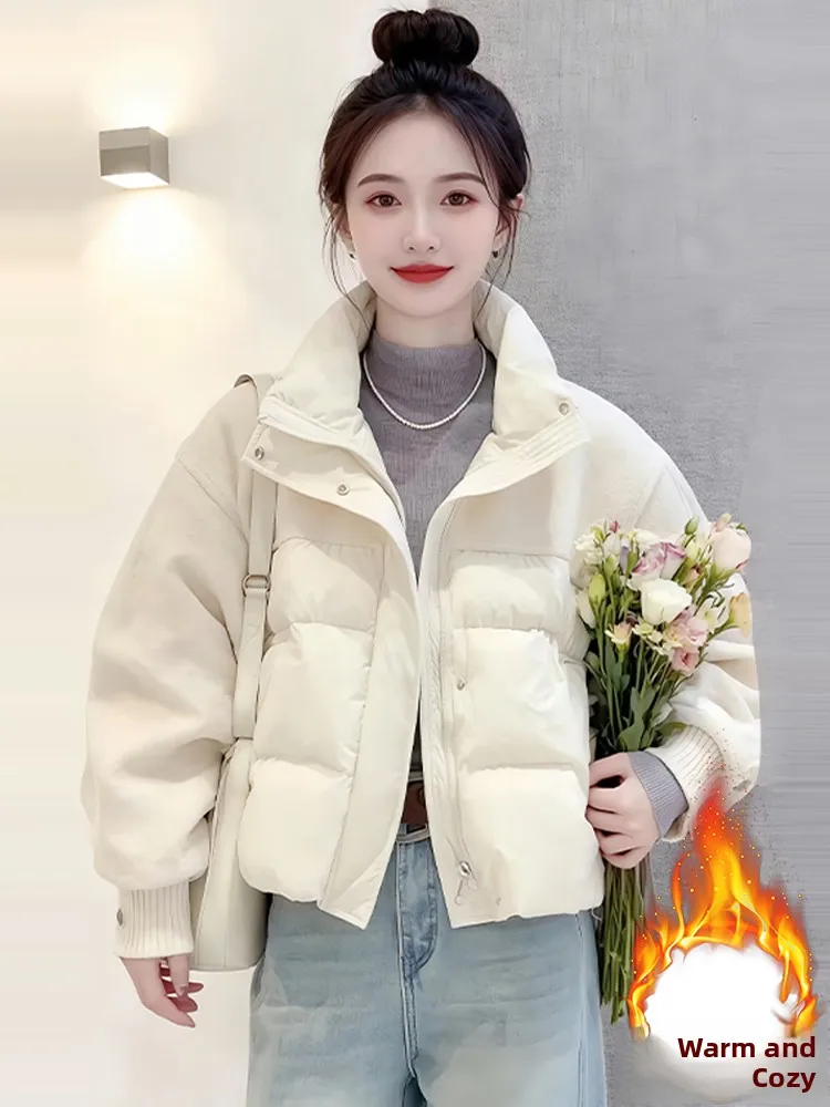 เสื้อโค้ทผู้หญิงคอตั้งแบบเกาหลี แต่งผ้าต่อกัน สไตล์ลำลอง ซิปยาว สำหรับฤดูใบไม้ร่วงและฤดูหนาว  บุซับใน  ทรงปกติ