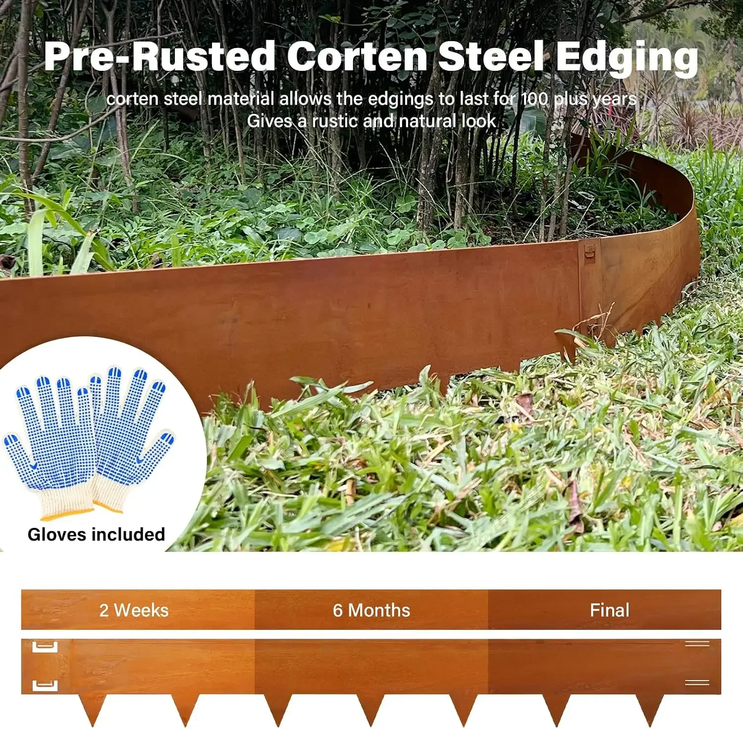 Cor-Ten Steel Landscape Edging 40 Inch Strips, 10-Inch Depth Metal Landscape Edging, 6-Pack Metal Garden Edging with Gloves