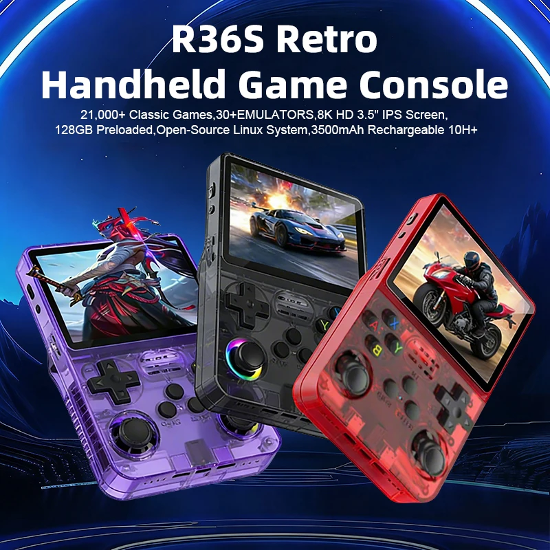 Nueva consola de juegos retro R36S, consola de juegos portátil, pantalla IPS 8K Ultra HD, compatible con juegos 3D, portátil, 128 GB de alta capacidad, 21000