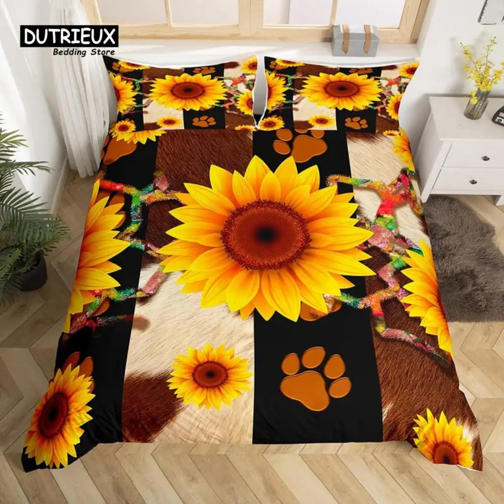 

Cowhide Sunflower Duvet Cover Western Farm Animal Skin Bedding Set Microfiber Cow Fur Comforter Cover Twin For Boys Girls Room