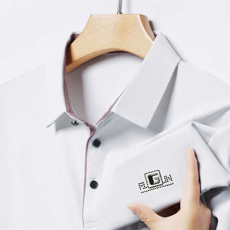 New Men's Business Casual Short Sleeved Shirt with Badge Solid Color Polo Shirt Fashionable Breathable Comfortable Versatile Top image 6