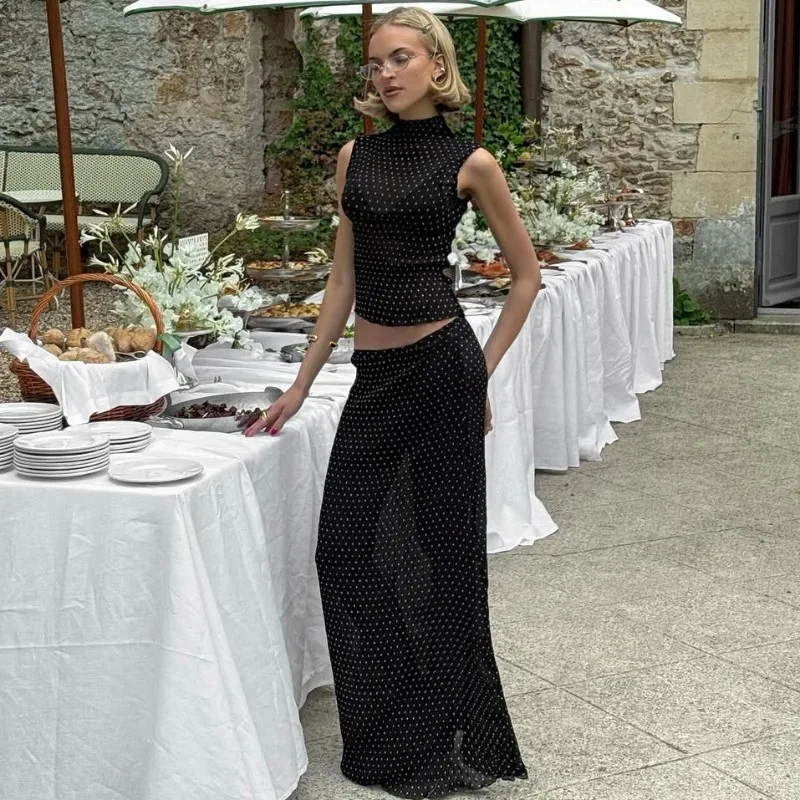 

Tuularose Vintage Polka Dot Dress Sets Elegant Contrast Top See-Through Long Skirt Set Summer Party New Y2k Women Dress Sets