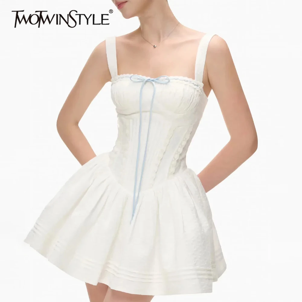 TWOTWINSTYLE White Loose Spliced Lace Up Dresses for Women Square Collar Sleeveless Korean Sweet Dress Female Summer Fashion New