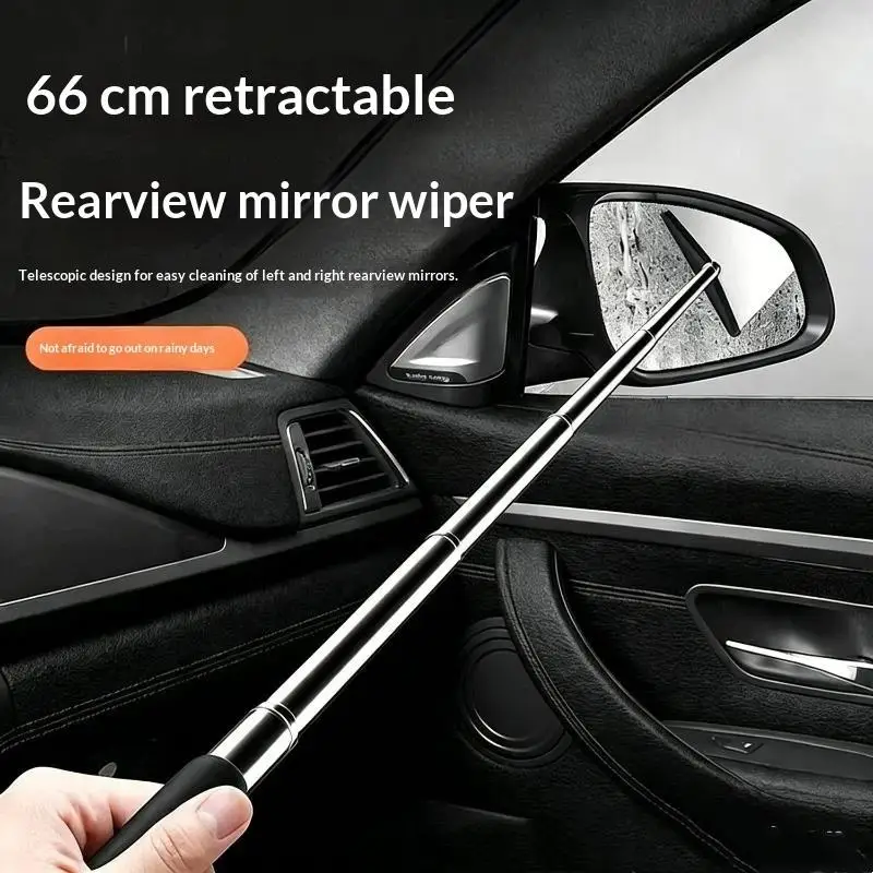 Retractable Car Side Mirror Wiper 66cm Extendable Multi-Functional Rearview Mirror Cleaner for Rain Dust & Bird Dropping Removal