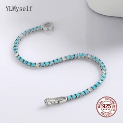 16-19 cm Pure Silver Tennis Bracelet Pave 3 mm Turquoise Blue Stone Mix White Zircon Real 925 Jewelry For Women