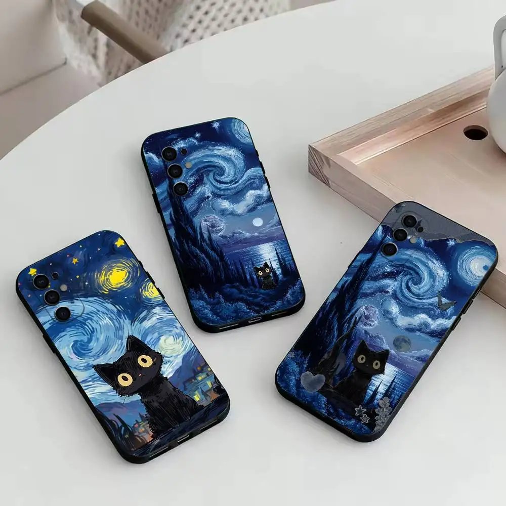 Van Gogh Chibi Cat  Phone Case Black Silicone Soft For Samsung S25,S24,S21,S22,S23,S30,Ultra,S20,Plus,Fe,Lite