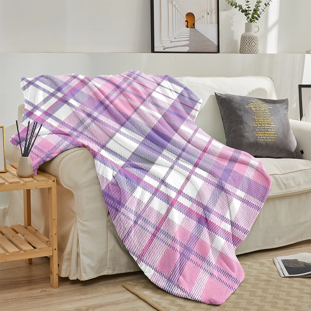Pink Purple Gingham Check Flannel Blanket Cartoon Printed Throw Blanket for Kids Adults Soft Plush Bed Sofa Cover Gift