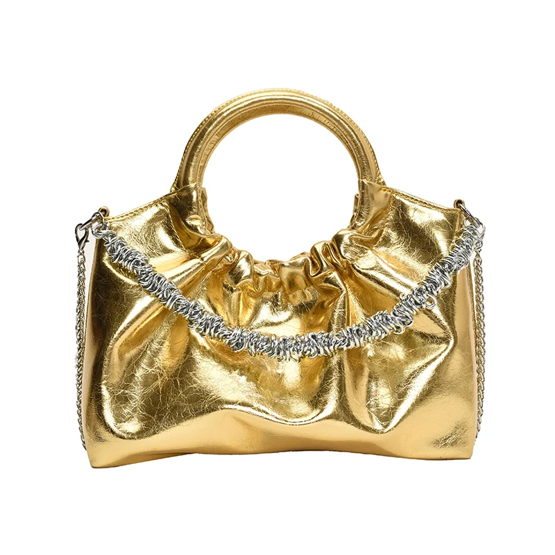 Bolso de mano plateado con asa de anillo redondo para mujer, bolso de hombro de cuero suave de calidad, bolso de mano con cadena de moda, Bolsos de lujo femeninos