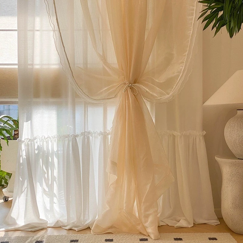 French Gilt Gauze Golden Girl Retro Pearl Cocoa Elegant Romantic Window Curtains for Living Dining Room Bedroom Villa Hotel Home