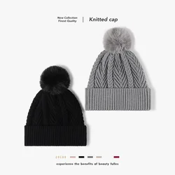 Hot Sale Autumn Winter Keep Warm Thickened Jacquard Wool Hat Fashion Fur Ball Women's Beanie earmuffs Simple Daily Knitted Hat