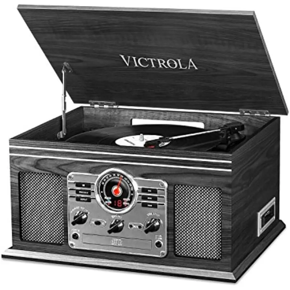 

6-in-1 Bluetooth Record Player with 3-Speed Turntable, CD, Cassette, AM/FM Radio, and Wireless Music Streaming - Grey Wood