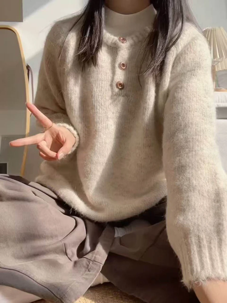 

Женский желтый свитер в стиле ретро с круглым вырезом, свободные вязаные топы для поездок на работу, весна-осень, корейский стиль, толстые теплые повседневные пуловеры