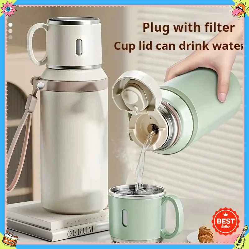 زجاجة مياه معزولة من الفولاذ المقاوم للصدأ، زجاجة مياه ساخنة حرارية على مدار 24 ساعة، مع كوب، كوب محمول محمول، تصميم محمول مانع للتسرب