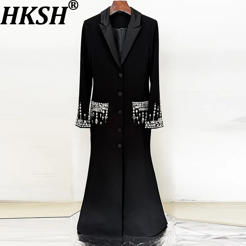 HKSH Autunno Nuovo Abito da Donna Abito con Borchie Diamanti In Rilievo Paillettes Colletto Dentellato di Lusso Chic Partito Lungo Giacca Sportiva Abiti HK15064