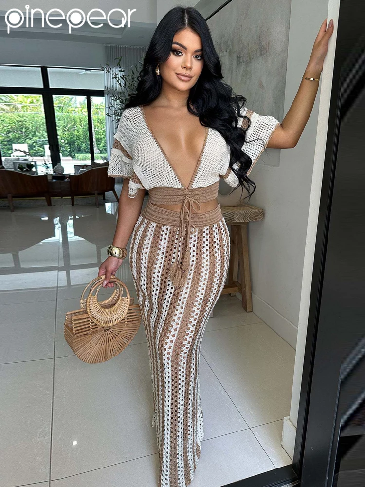 

PinePear 2025 Summer Two Piece Skirt Sets for Women Crochet Knit Short Sleeve V Neck Cropped Shirts Maxi Skirt Outfits Beachwear