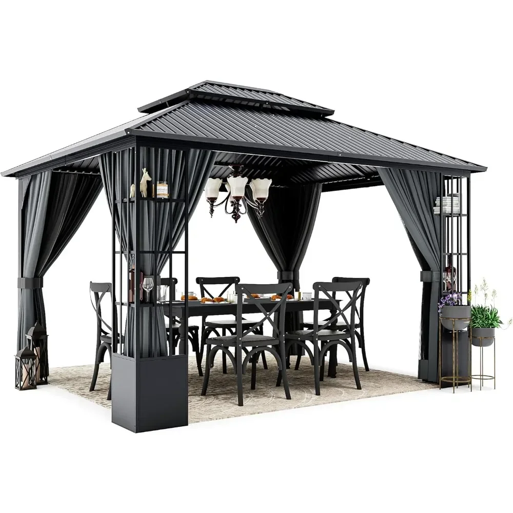 

10x 12Hardtop Gazebo,with Netting and Curtains, Double Roof Permanent Patio Metal Gazebos Canopy for Patio, Deck, Outdoor Gazebo