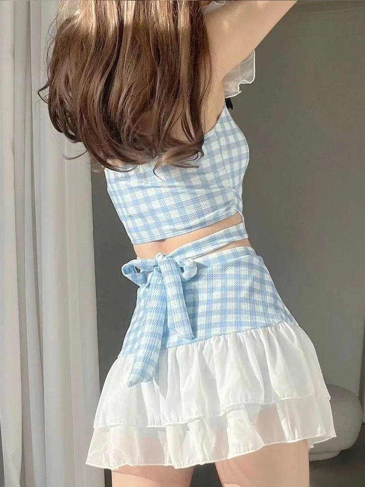 Harajuku Sweet Plaid Bow Camisole Vest+ Y2k E-Girl High Waist Patchwork Ruffles Skirts 2024 Summer New Two Piece Sets