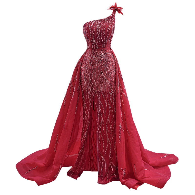 222179 vermelho um ombro sereia grânulos cristais vestidos de noiva borgonha vestidos de casamento para festa de casamento