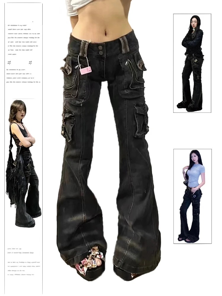 

Women's Grey Baggy Cargo Flare Jeans Harajuku Oversize Denim Trousers Y2k Vintage Japanese 2000s Style Jean Pants Trashy Clothes