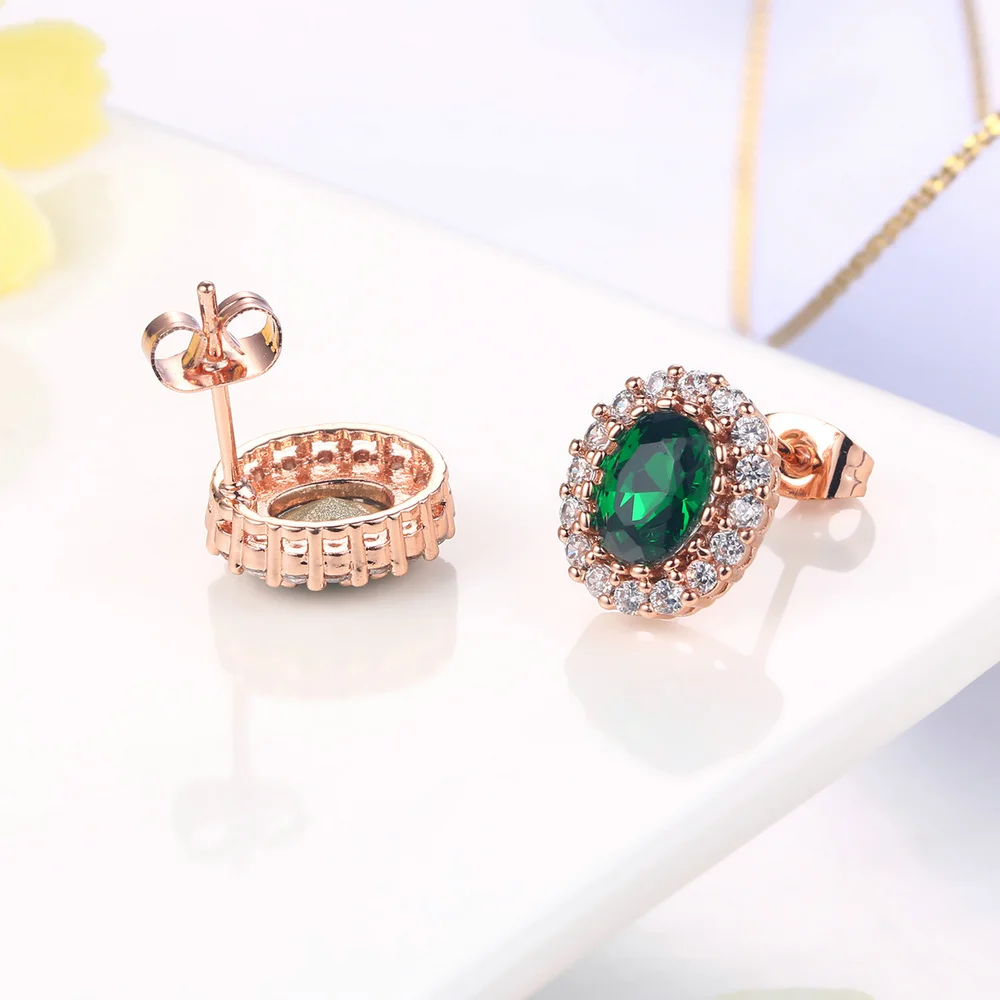 Simple Red Blue Green Crystal Stud Earrings for Women Rose Gold Color Ear Piercing Wedding Party Fashion Jewelry Female Gift