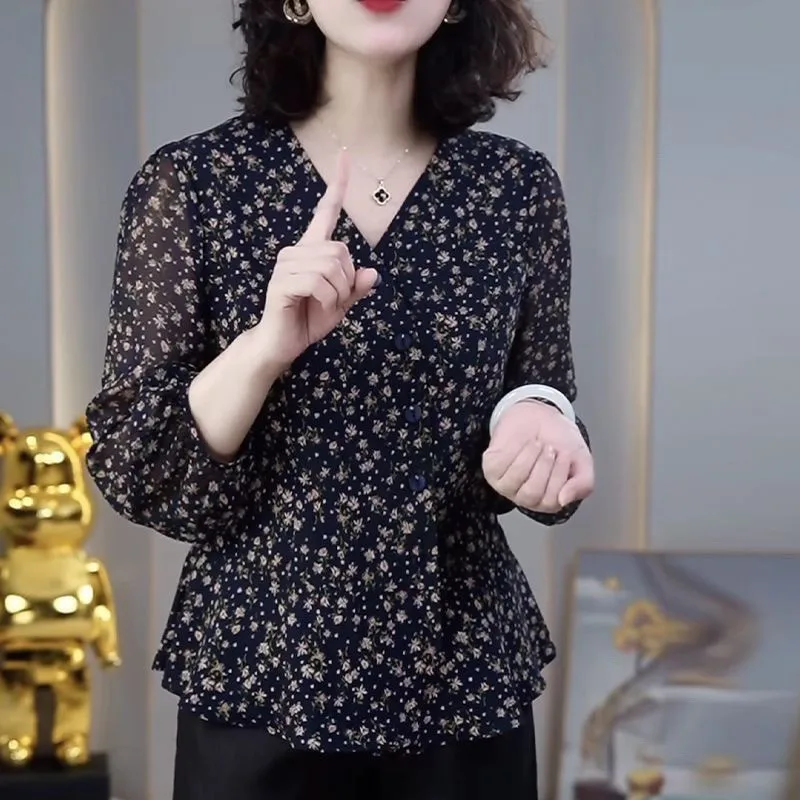 French Style Women Floral Chiffon Blouse V Neck Long Sleeve Slim Hide Belly Casual Shirt