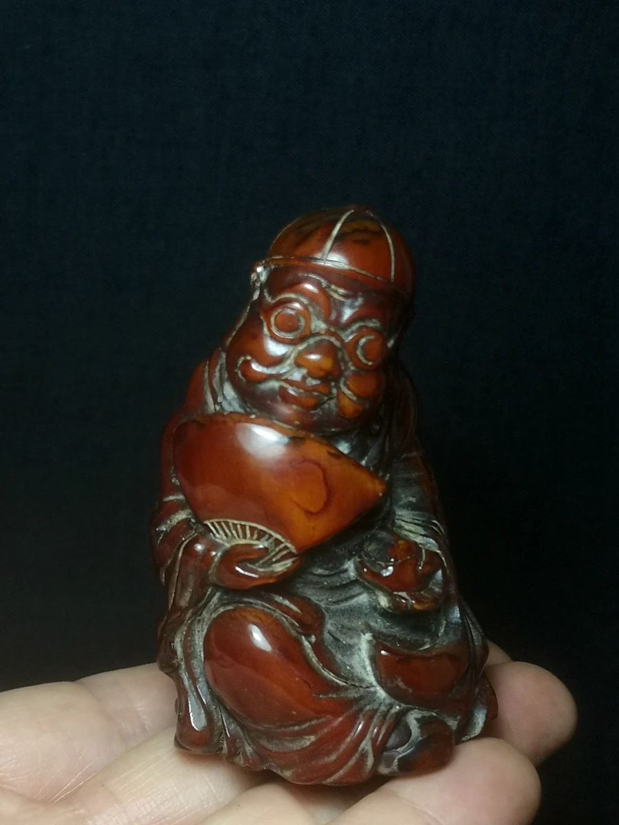 

H 7.2 CM Old Chinese Tibet Yak Horn Hand Carving Rich man Statue Gift Collection