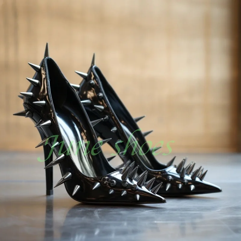

Lady Black Spike Design Gladiator Pointed Toe Pumps Stiletto Heel Metal Design Footwear Mirror Pu Metallic Pu Pumps Size 34-46
