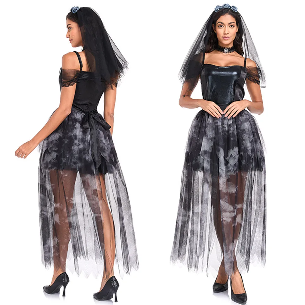 

Gothic Ghost Bride Cosplay Costume Dark Style Day Of The Dead Horror Bridal Dress with Veil Womens Halloween Masquerade Clothes