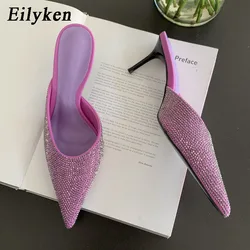 Eilyken Fashion CRYSTAL Women Slippers Thin Low Thin Heels Pointed Toe Design Slip On Summer Mules Slides Shoes