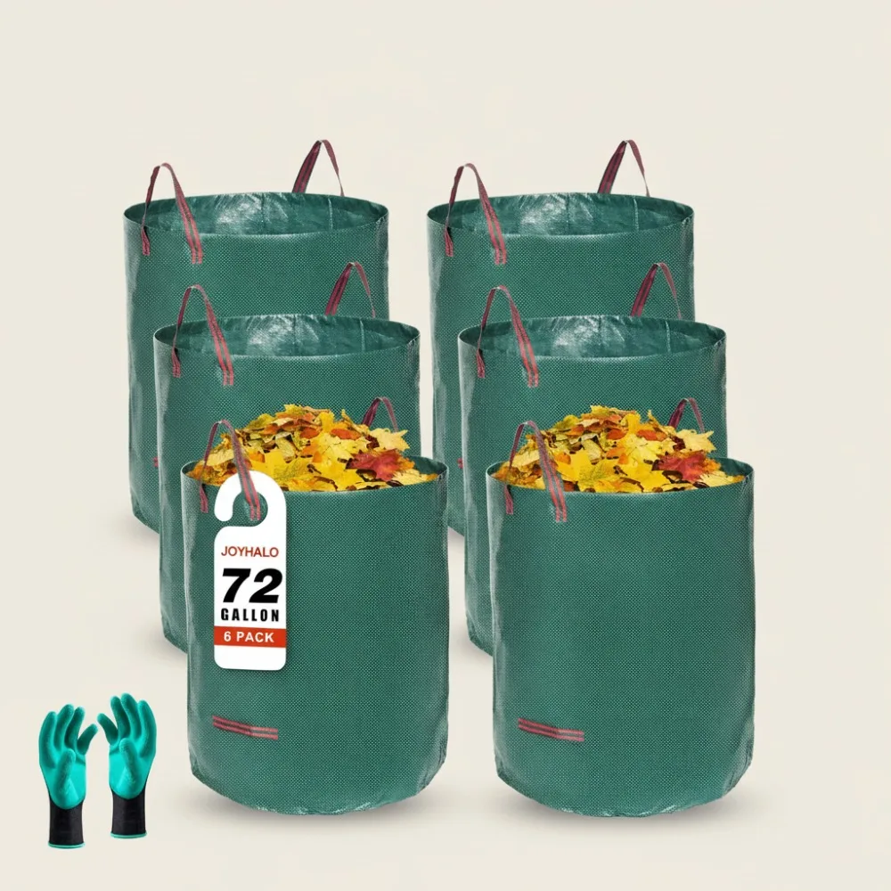 

72 Gallon Reusable Yard Waste Bags - 6 Pack with Gardening Gloves, Heavy Duty Standable for Camping & Recycling
