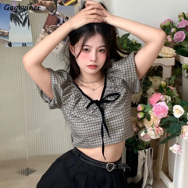 Plaid Blouses Women Bandage Crop Tops Chic Hotsweet Puff Sleeve Casual Girlish Vintage Summer Ulzzang Tender All-match College