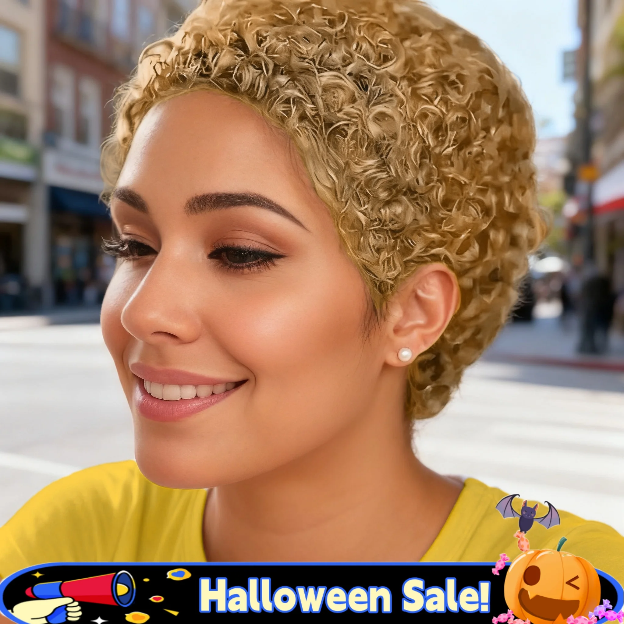 여성용 시크한 짧은 곱슬 가발 인모 픽시컷 브라질 인모 풀 머신 가발