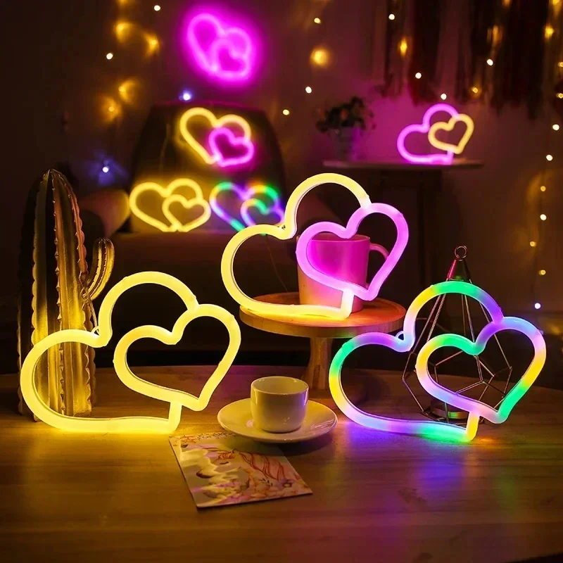 Double Heart Neon Light Sign LED Love Modeling Cupid Arrow Lamp Wall Decoration for Room Shop Party Gift USB & Battery Case