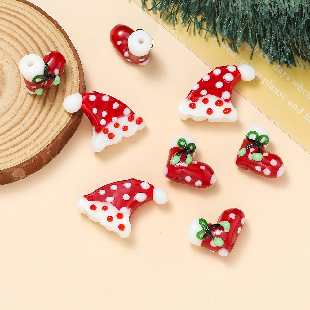 1Pcs Christmas Style Glass Loose Spacer Beads Hand drawn Hat Socks Shape Beads for DIY Jewelry Making Necklace Bracelet Supplies