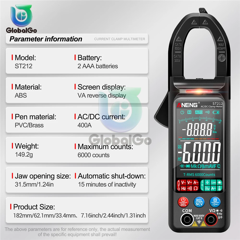 ANENG ST212 Digital Clamp Meter DC/AC Current 6000 Counts Multimeter Ammeter Voltage Tester Car Amp Hz NCV Ohm Test