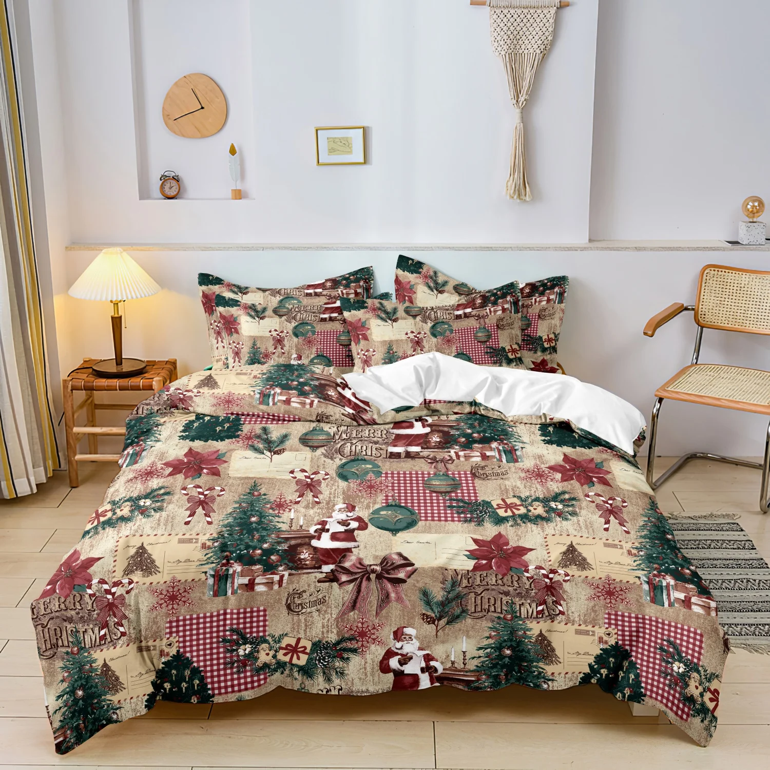 3Pcs Vintage Christmas Patchwork Print Duvet Cover Set, Retro Santa Xmas Print Bedding, Christmas Tree Poinsettia Plaid Pattern