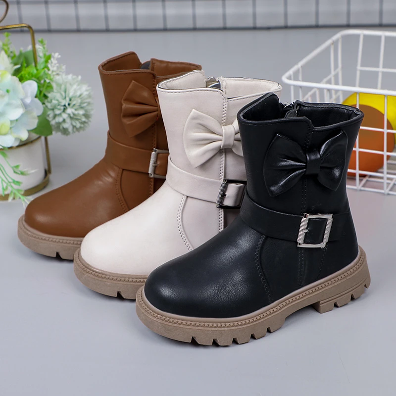 Botas monocromáticas femininas com fivela, sapatos de criança, sapatos casuais infantis, simples, versátil, arco, moda, primavera, novo, 2023