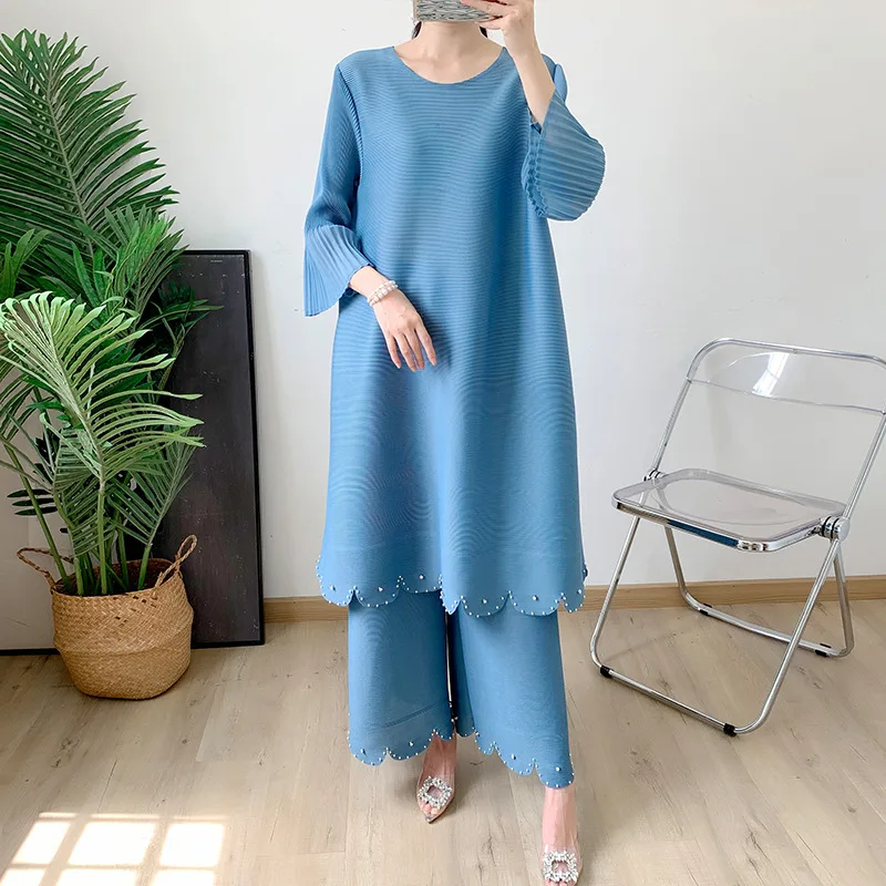 Autumn 2024 New Loose Long Coat Plus Size Wide-leg Pants Suit Feminine Fashion Two Piece Sets Womens Outifits