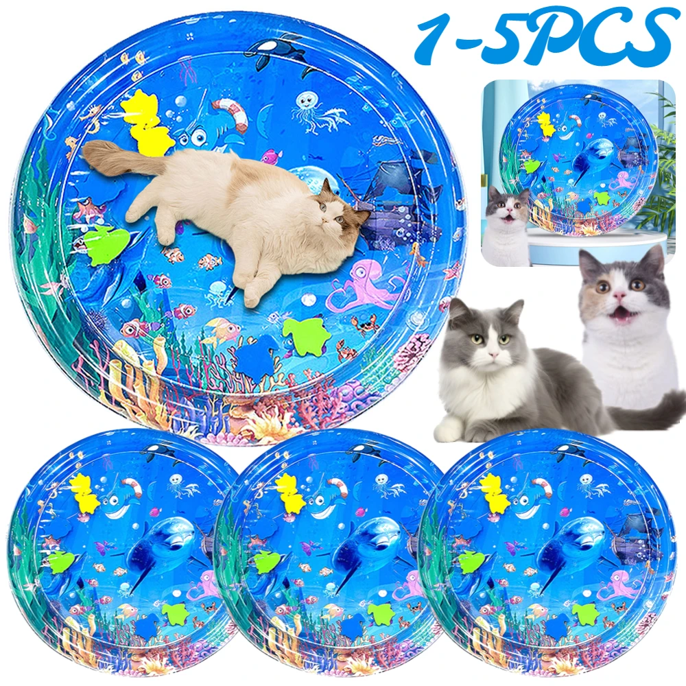 65cm Cat Sensory Water Play Mat with Fish Water Sensory Play Mat PVC Inflatable Baby Tummy Time Water Playing Pad Dog Cat Toys