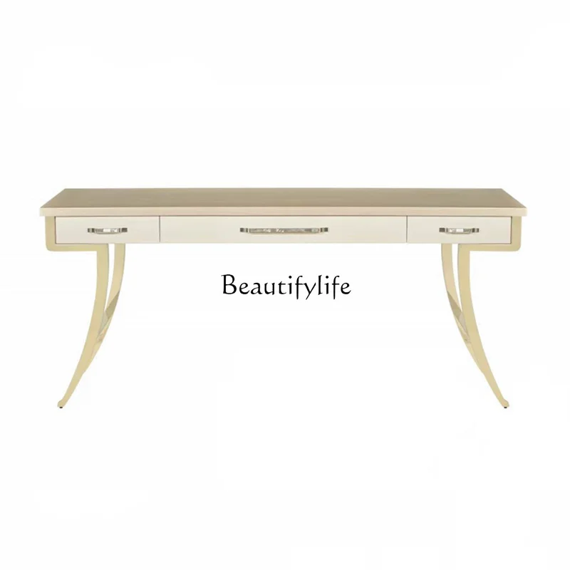 

American light luxury writing desk French living room bedroom metal frame solid wood desk