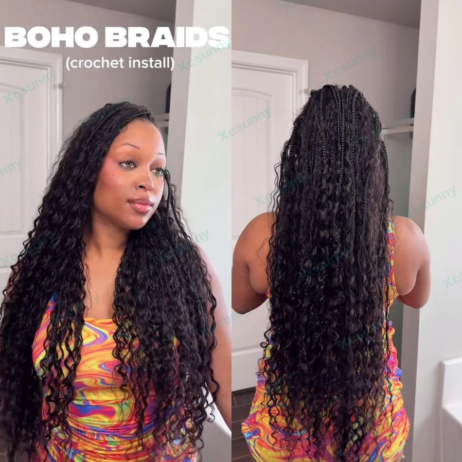 Trecce a scatola all'uncinetto Boho con riccioli di capelli umani Trecce a scatola Boho a onde profonde pre-loop all'uncinetto per capelli umani per le donne