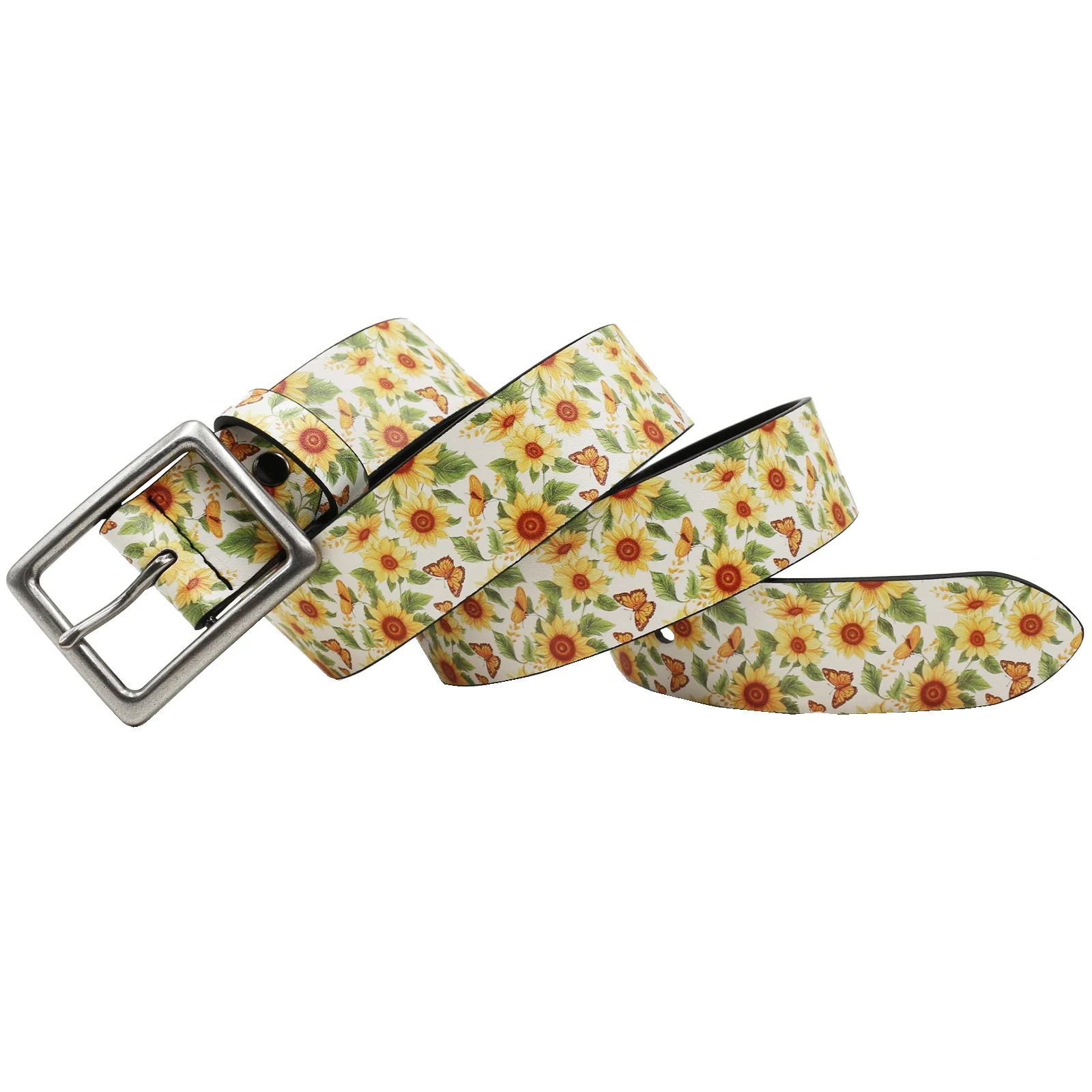 Y2K Butterfly and Sunflower Print Belt Women Hip Hop Western Denim Versatile Summer Belt Pretty Design Glitter Waistband