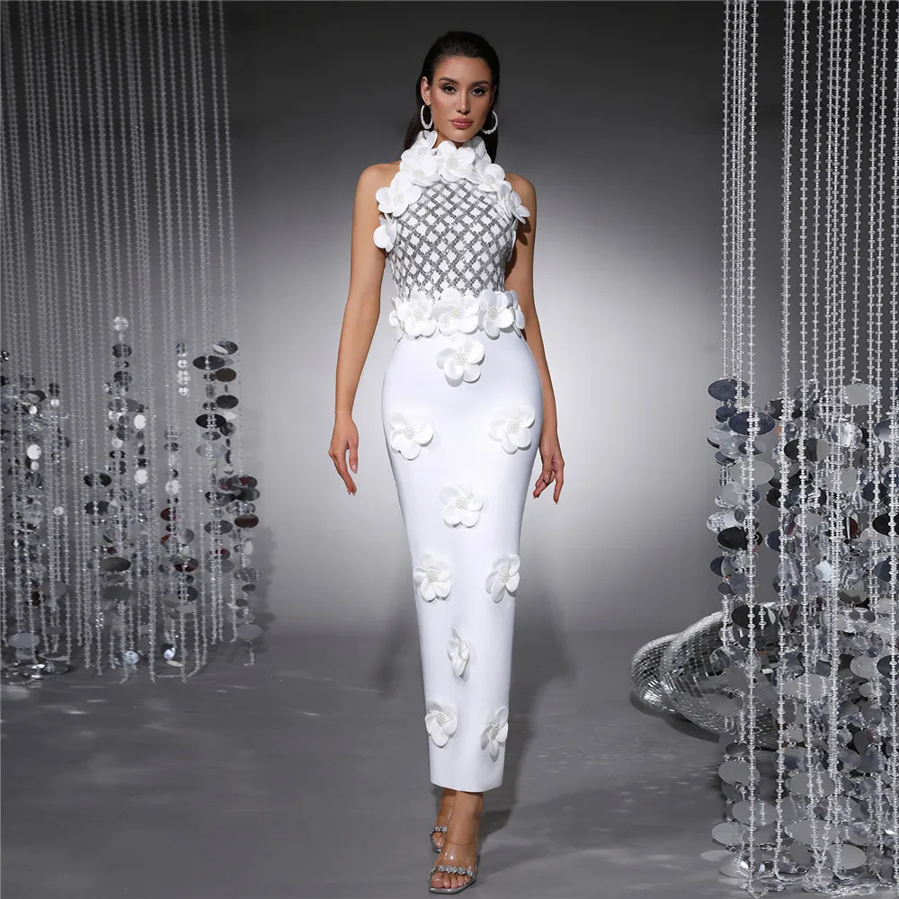 

Women Fashion Flower Beading Sequins Patchwork Bandage Dress Celebrity Party Sleeveless Elegant Dresses