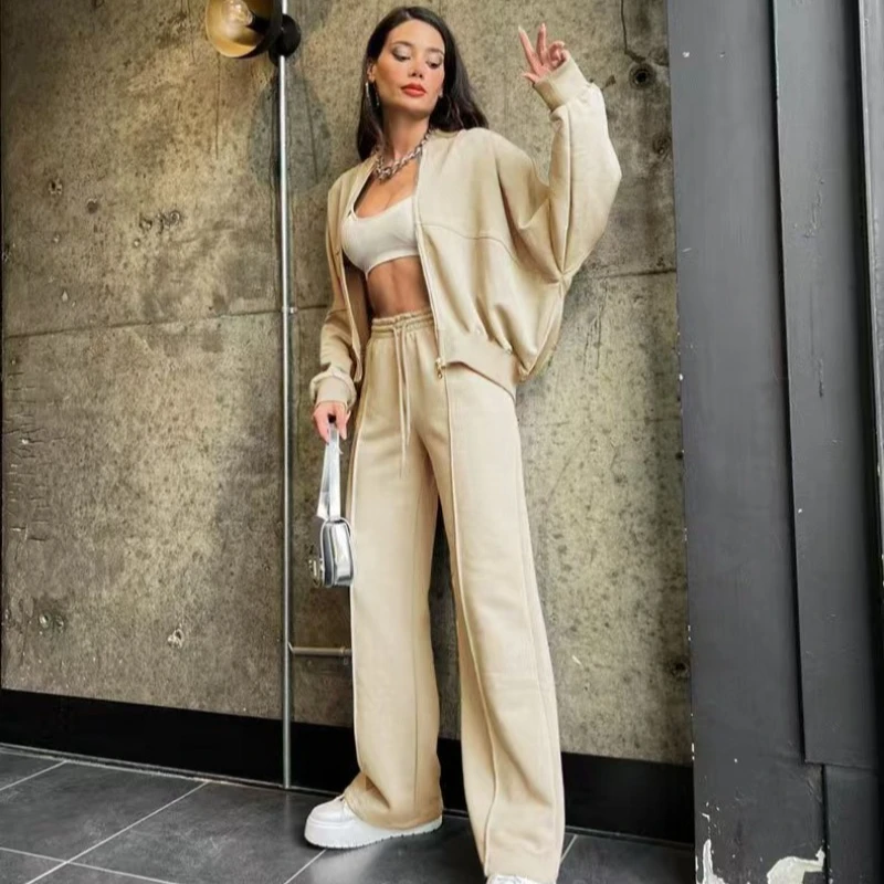 2026 Autumn Winter Fleece Sweatshirt Two-piece Suit Women's Casual Sports Set Batwing-sleeve Short Jacket Straight Trousers Sets